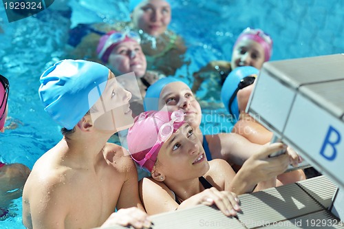 Image of happy children group  at swimming pool
