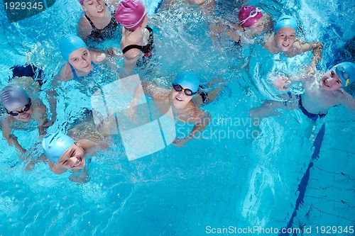 Image of happy children group  at swimming pool