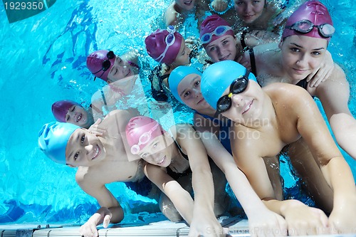 Image of happy children group  at swimming pool