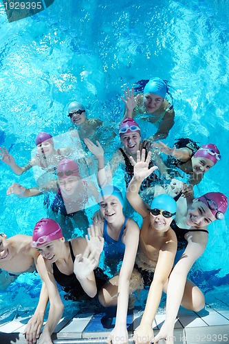 Image of happy children group  at swimming pool