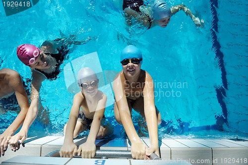 Image of happy children group  at swimming pool
