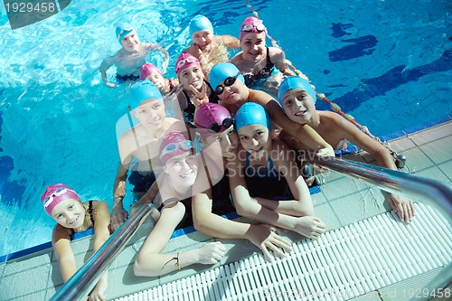 Image of happy children group  at swimming pool