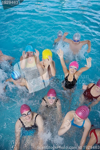Image of happy children group  at swimming pool