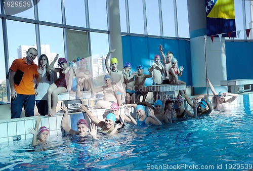 Image of happy children group  at swimming pool