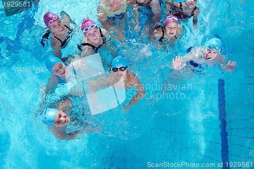 Image of happy children group  at swimming pool