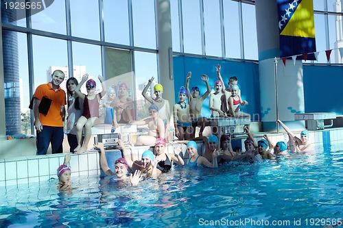 Image of happy children group  at swimming pool