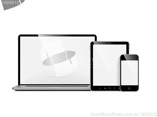 Image of Computer, Laptop and Phone on White.