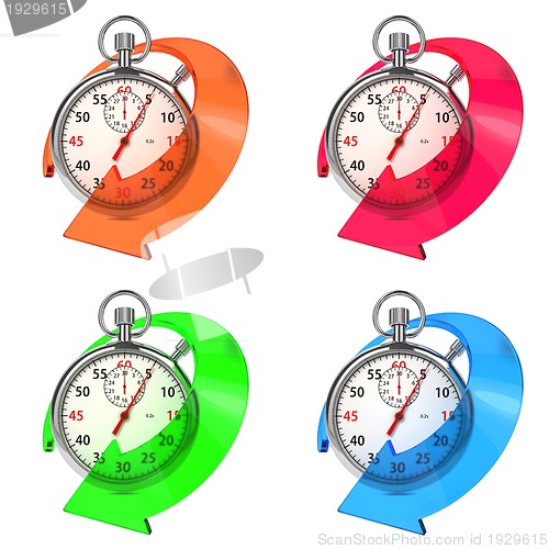 Image of Stopwatch with Colored Arrow. Set on White.