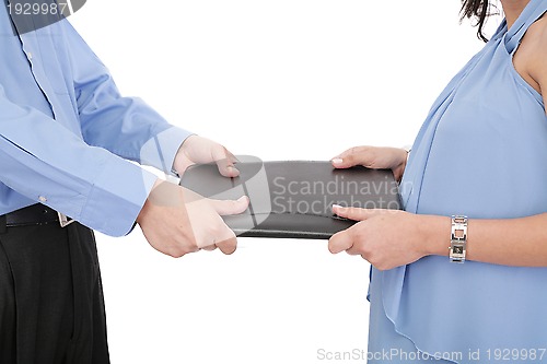 Image of picture of two angry business person fighting for contract 