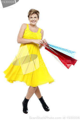 Image of Portrait of beautiful young woman carrying shopping bags