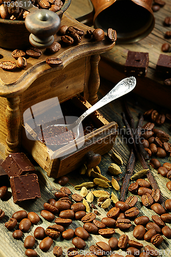 Image of Ground coffee in an old mill, chocolate and cardamom.