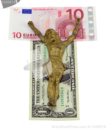 Image of concept gold jesus crucify euro dollar isolated 