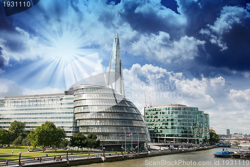 Image of New London city hall with Thames river, panoramic view from Towe