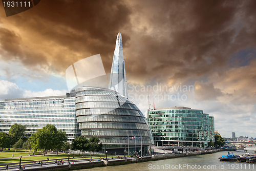 Image of New London city hall with Thames river, panoramic view from Towe