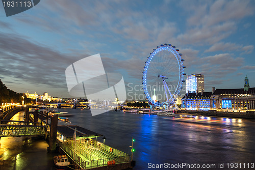 Image of London Skyline at dusk from Westminster Bridge with illuminated 