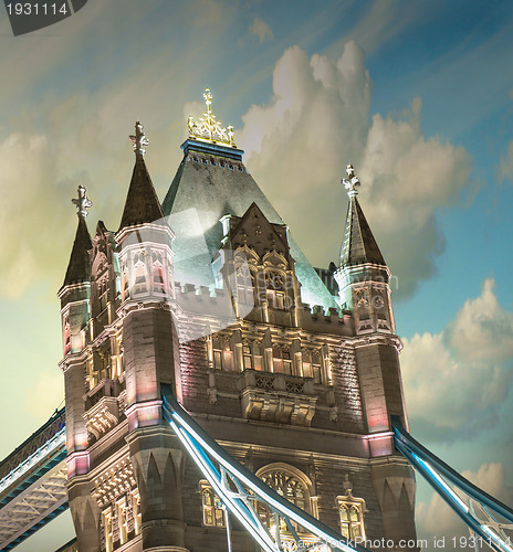 Image of Lights and Colors of Tower Bridge at sunset with Clouds - London