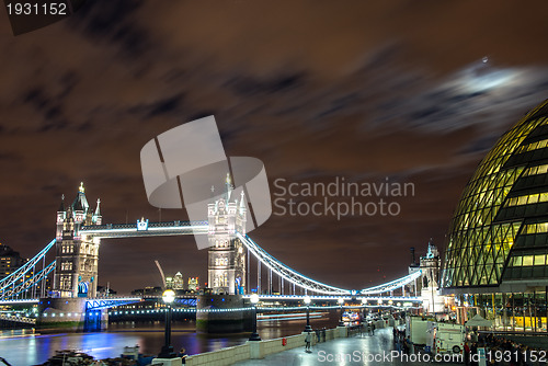 Image of City Hall on the banks of the Thames with Tower Bridge at Night,