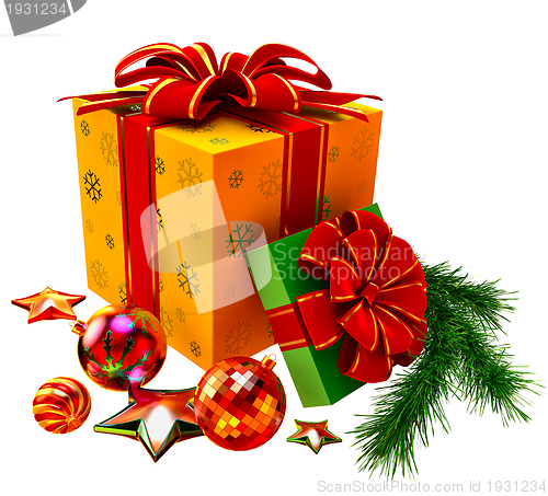 Image of Christmas tree toys and set of gifts with red bows