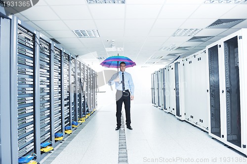 Image of businessman hold umbrella in server room