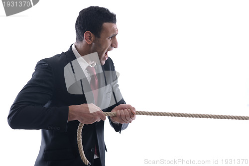 Image of business man with rope isolated on white background