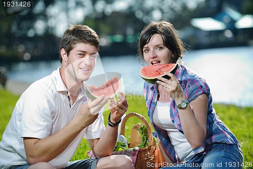 Image of happy young couple having a picnic outdoor