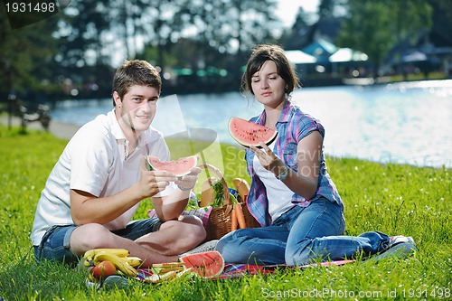 Image of happy young couple having a picnic outdoor