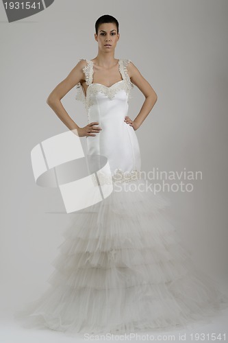 Image of elegant woman in fashionable dress posing in the studio