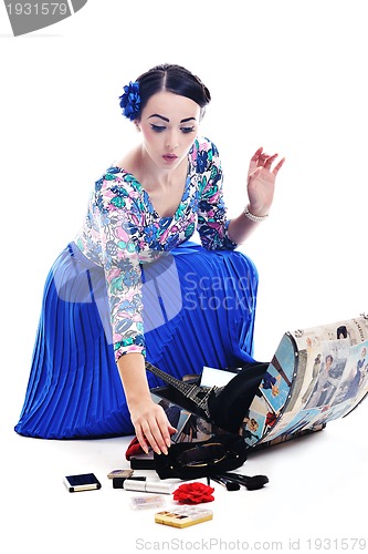Image of pinup retro  woman with travel bag isolated