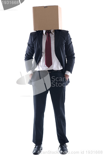 Image of business man with an box on his head