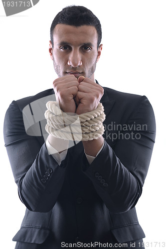 Image of business man with rope isolated on white background