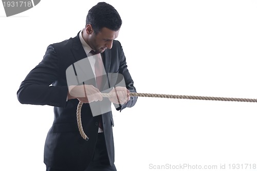 Image of business man with rope isolated on white background