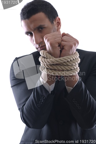 Image of business man with rope isolated on white background