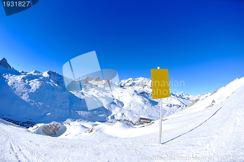 Image of Sign board at High mountains under snow in the winter