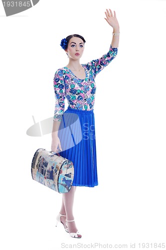 Image of pinup retro  woman with travel bag isolated