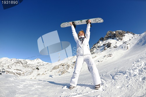 Image of skiing on fresh snow at winter season at beautiful sunny day