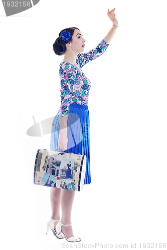Image of pinup retro  woman with travel bag isolated