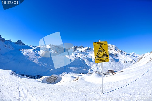 Image of Sign board at High mountains under snow in the winter