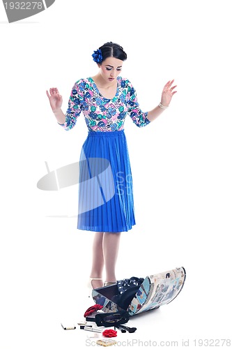 Image of pinup retro  woman with travel bag isolated