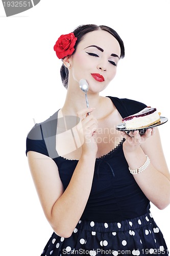 Image of pinup retro  woman with travel bag isolated