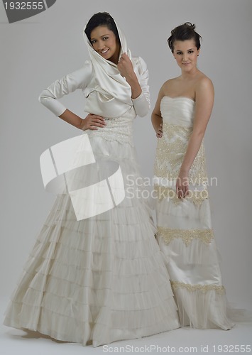 Image of portrait of a three beautiful woman in wedding dress