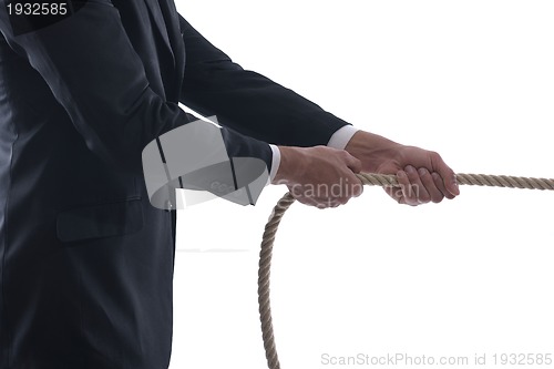 Image of business man with rope isolated on white background