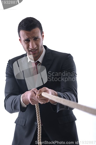 Image of business man with rope isolated on white background