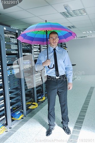 Image of businessman hold umbrella in server room