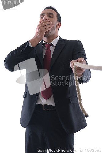 Image of business man with rope isolated on white background