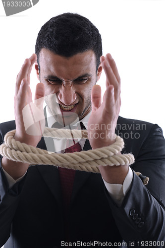 Image of business man with rope isolated on white background