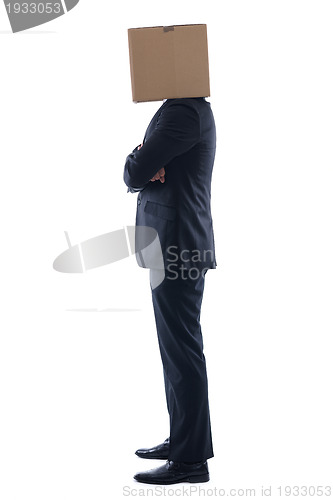 Image of business man with an box on his head