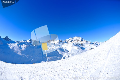 Image of Sign board at High mountains under snow in the winter