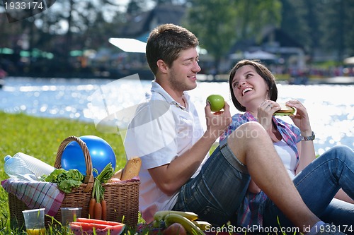 Image of happy young couple having a picnic outdoor