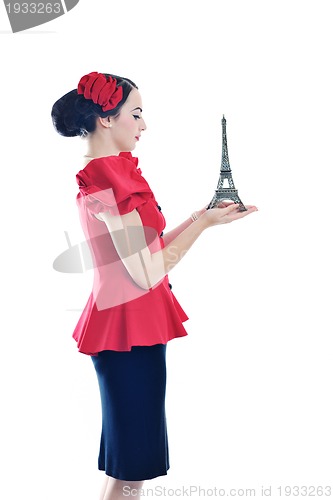 Image of beautiful young woman with paris symbol eiffel tower