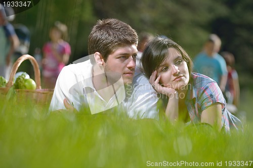 Image of happy young couple having a picnic outdoor